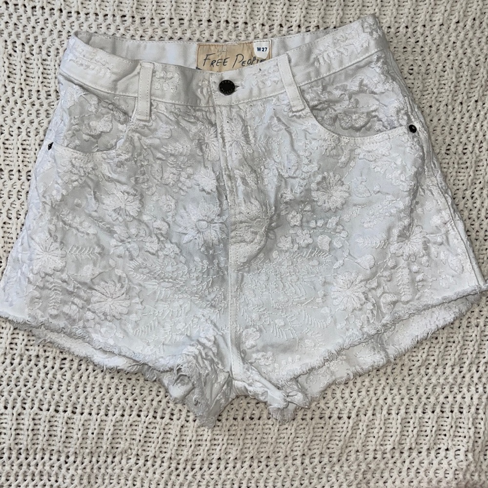Free People White Embroidered Denim Shorts